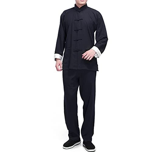 QYUU Men's Linen Kung Fu Suit Traditional Chinese Martial Art Uniform Long Sleeve Mandarin Jacket Pants Tai Chi Set (124# Black, L), QY-M7-124