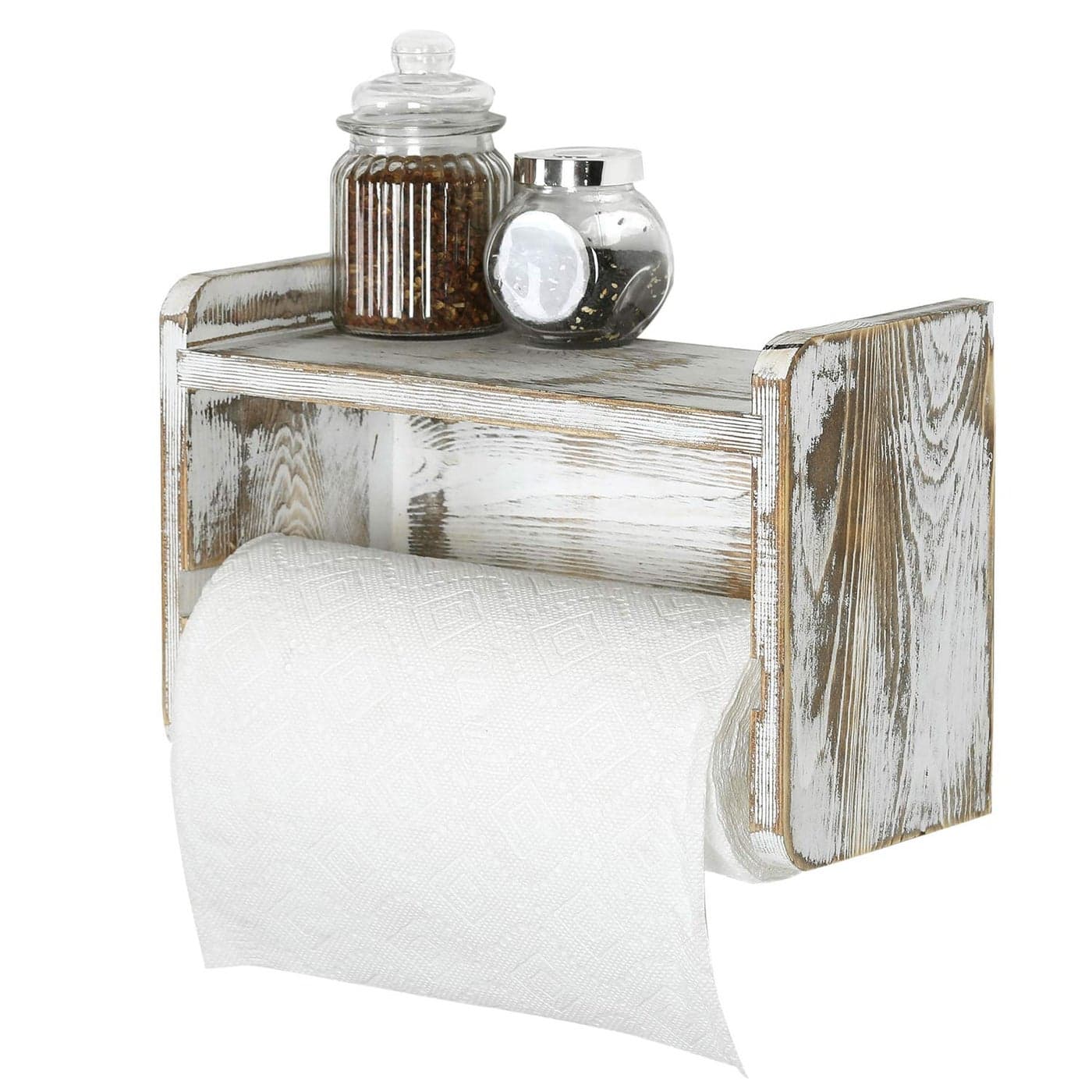 MyGift Paper Towel Roll Holder Shabby Whitewashed Wood Farmhouse Wall Mounted Kitchen Napkin Dispenser Rack with Top Storage Shelf Spice Racks