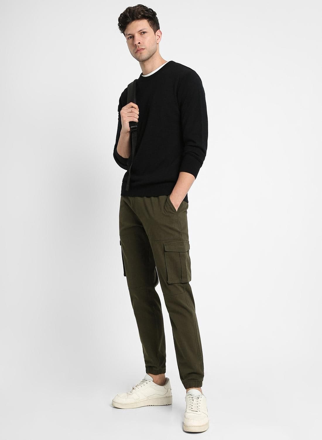 Men'S Olive 100% Cotton Solid Pattern Full Length Slim Fit Trouser