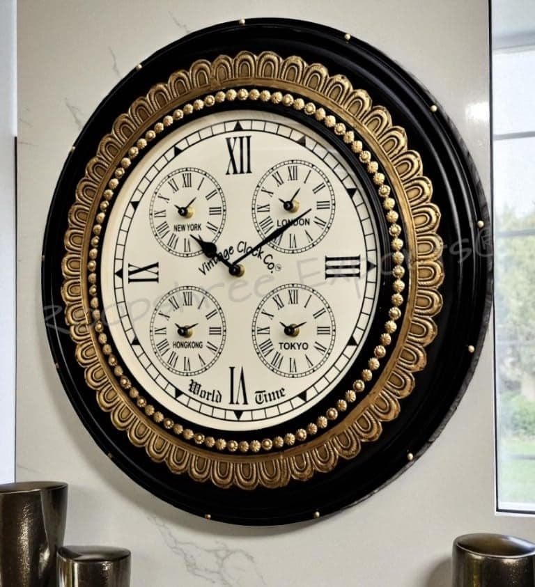 Vintage Clock Handcrafted Wooden Brass Inlay Clock (18 x18 inch, VC-1604-18-WC)
