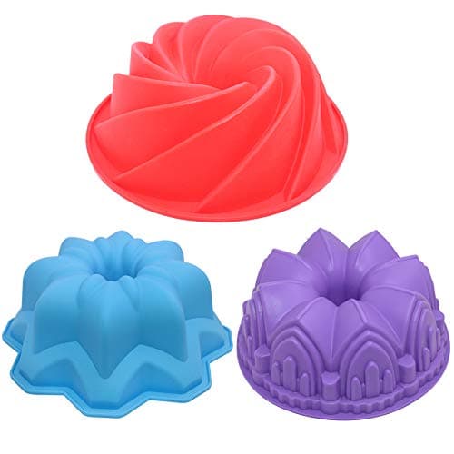 AIFUDA 3 Pcs Silicone Cake Bread Baking Molds - Large Swirl, Castle, and Double Flower Shapes for Birthday Party DIY