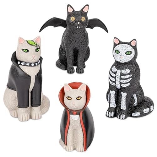 Accoutrements Archie McPhee Mini Figure Funny and Novelty Goth Cats Rule The Night Set of Four Mysteriously Adorable Vinyl Punk Skeleton Vampire and Bat Attired Kitties