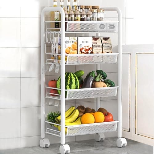 LiveCool Mesh Vegetable Stand Steel, 4 Tier Onion Potato Rack for Storage, Metal Kitchen Trolley with Wheels, Trolley Rack for Kitchen, Living Room, Bedroom, White (KT02-W4)