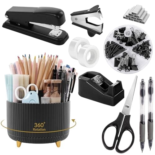 SKYDUE Black Office Supplies Black Office Desk Accessories 10PCS Pencil Holder for Desk Stapler Tape Dispenser Scissors Ruler Clips and 1000pcs Staples Desk Supplies Set