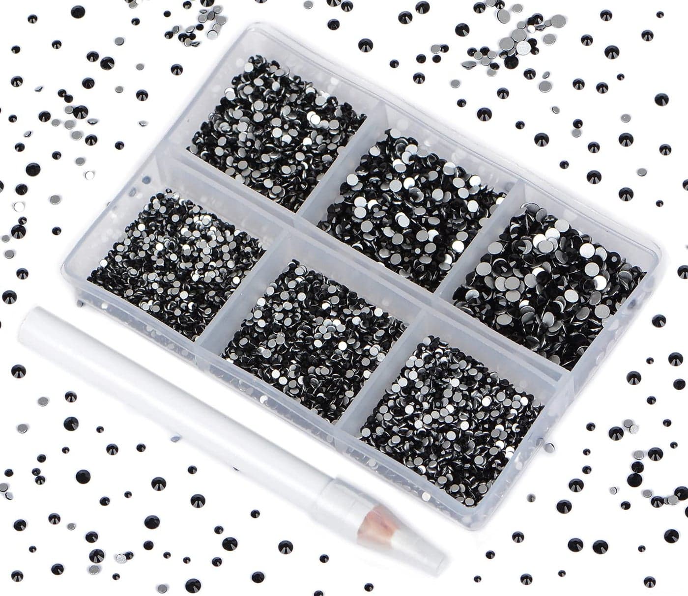 Bymitel 7200 Pieces 6 Mixed Sizes Glue Fix on Glass Rhinestones Round Crystal Gems Flatback for DIY Jewelry Making with one Picking PenMix SS3SS107200PCS Black
