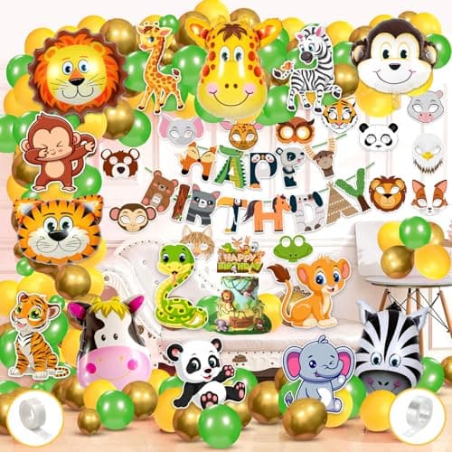 Zyozique Jungle Safari Birthday Decorations / Birthday Party Decoration Combo - Paper Banner with Balloons, Cake Topper, Foil Balloons, Cardstock Cutout, Glue & Masks (Pack of 81)