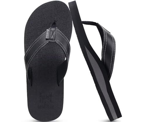 KuaiLu Men's Leather Flip Flops Arch Support Summer Beach Pool Water Thong Sandals Waterproof Rubber Walking Shoes Slip on Orthotic Casual Sport Cushioned Wide Slides Shower Slippers Black Size 10