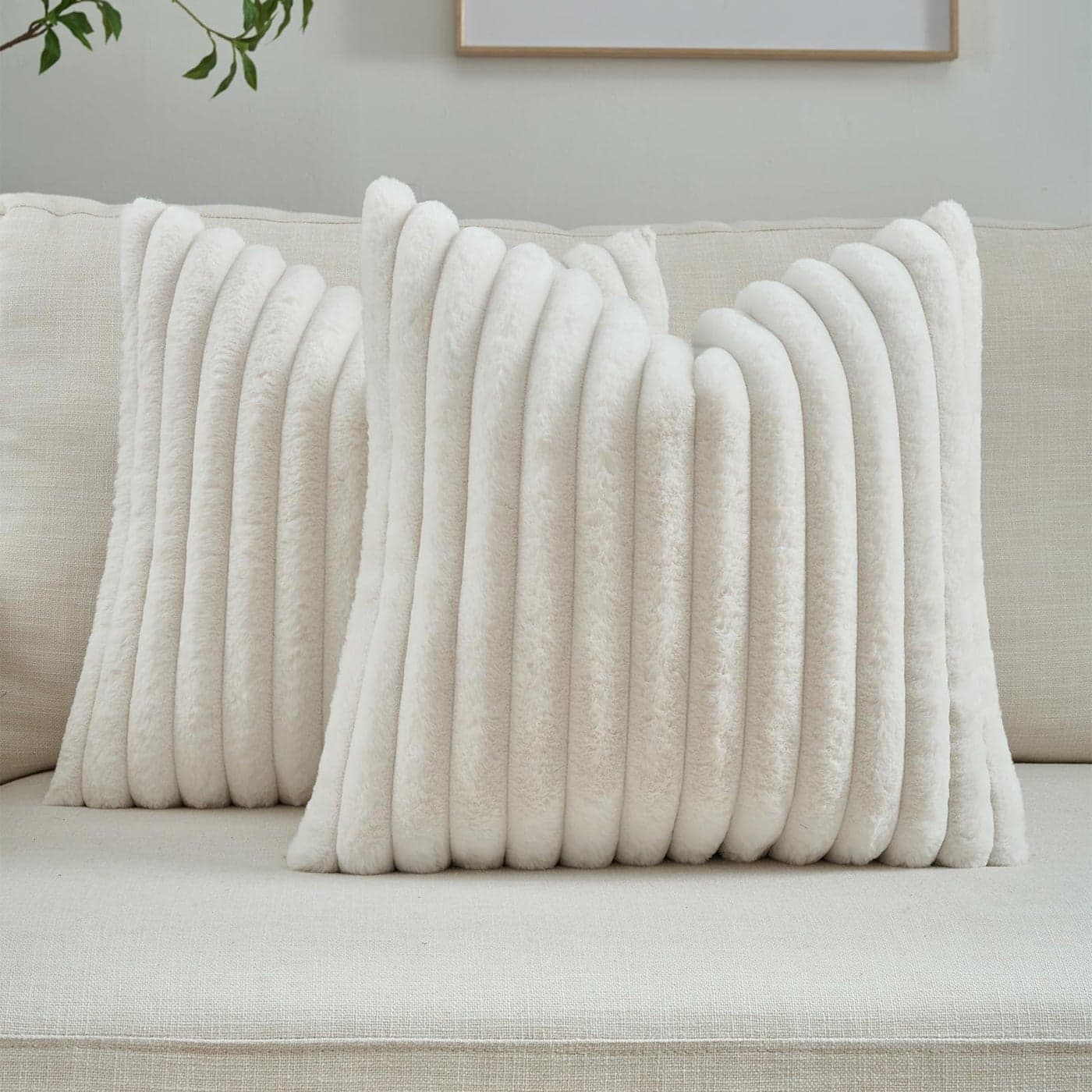 FUTEI Cream White Striped Decorative Throw Pillow Covers 18x18 Inch Set of 2Square Winter Decorations Couch Pillow CaseSoft Cozy Faux Rabbit Fur Velvet BackModern Home Decor for Bed