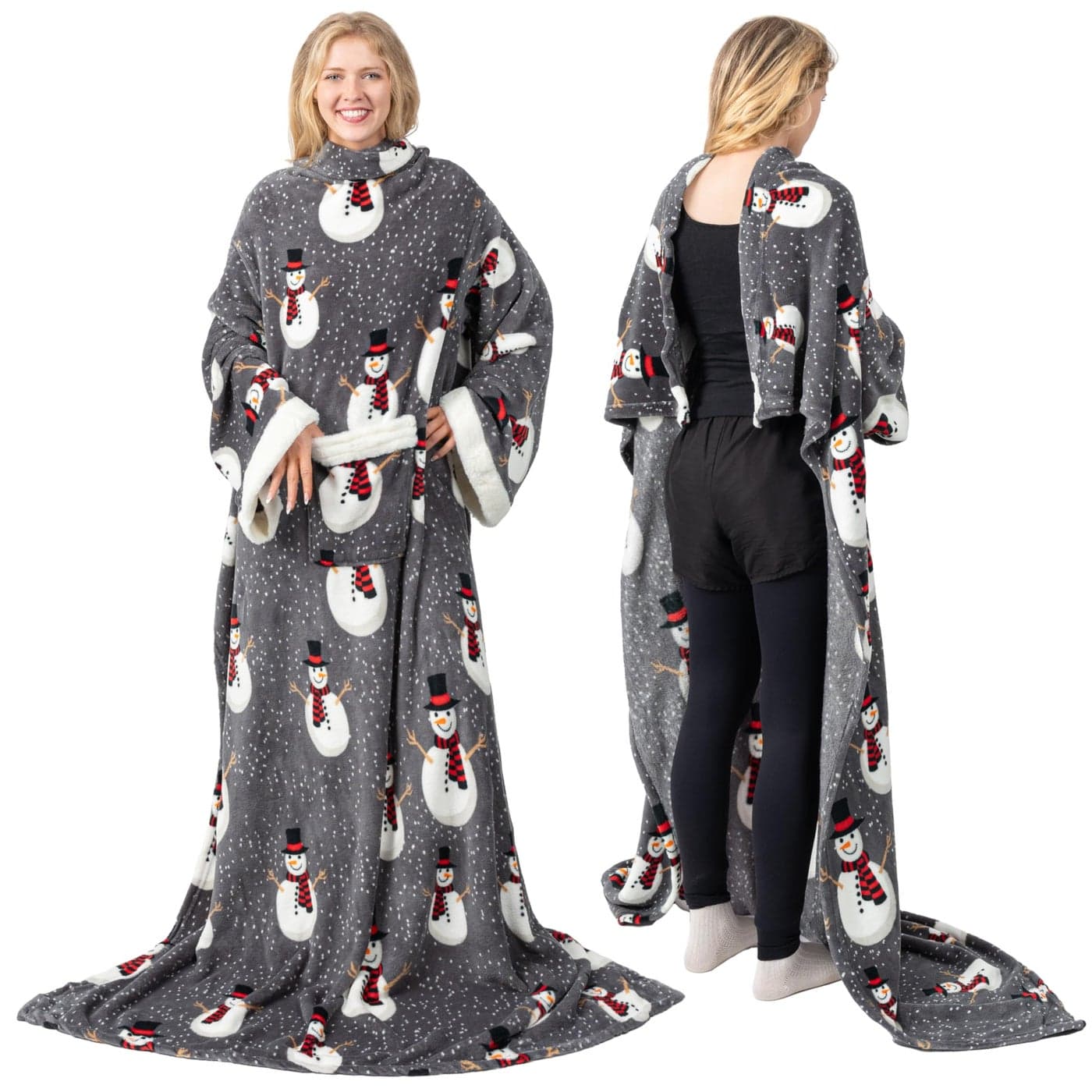 PAVILIA Fleece Blanket with Sleeves for Women Men Adults Wearable Blanket Warm Soft Plush Snuggle Pocket Sleeved TV Throw Wrap Cozy White Elephant Gifts Ideas Mom Wife Snowman Gray