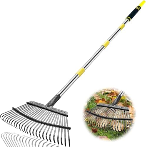 Coopvivi Rake Heavy Duty 6FT Long Garden Rake 185 Inch Wide Leaf Rake for Lawns 25 Metal Tines Adjustable Stainless Steel Handle Rakes for Leaves Yards Grass Garbage Weeds Debris Yellow
