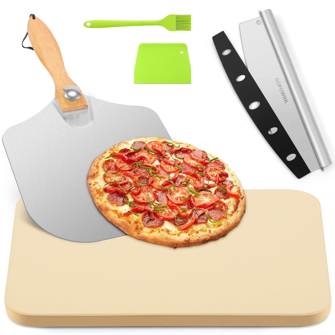GOFOWRK Pizza Stone 5 PCS Set 15 x 12 Large Rectangle Pizza Stone Set for Oven and Grill with Metal Pizza Peels Cutter Rocker 06 Thickened Stone Pizza Pan Baking Stone for Pizza Bread