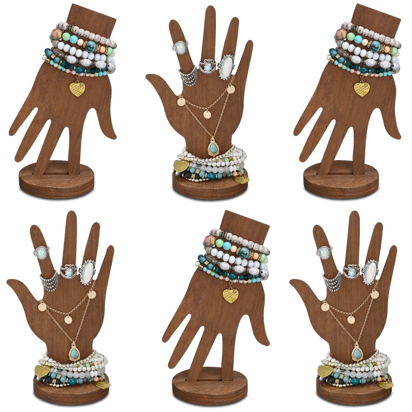 MOOCA 6 Pcs Set Real Wooden Hand Form Jewelry Display, 2-Way Design for Wall Hanging or Standalone Mannequin Finger Hand Display, Premium Real Wood Sturdy Base, Brown Color