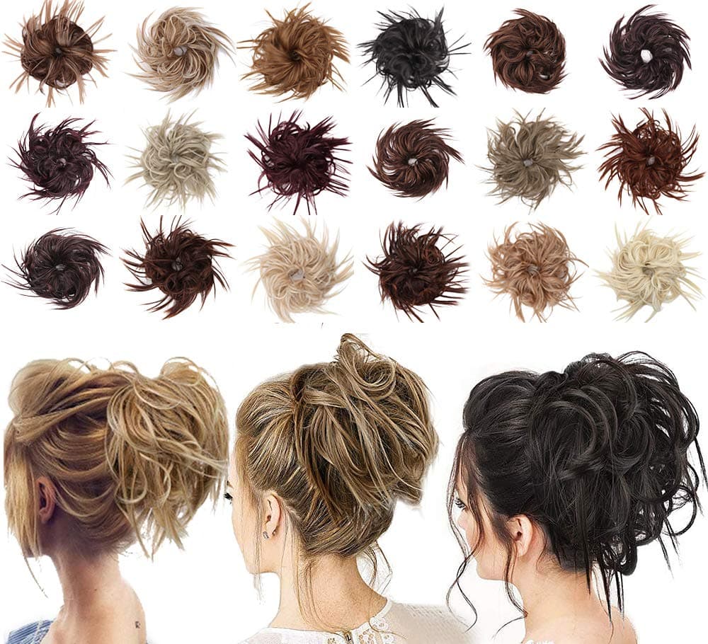 Tousled Updo Messy Bun Hair Piece Scrunchies Synthetic Wavy Extension Ponytail with Elastic Rubber Band Hairpiece Updo Extensions Scrunchies Wavy Hair and Ponytail Chignon Instant Ponytail for Women