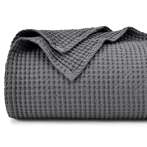 PHF 100% Cotton Waffle Weave Blanket Queen Size for Bed,Snag Proof Lightweight Breathable Moisture-wicking Throw for Couch,Great for Layering in Cold Weather,Machine Washable, Home Decor Gift-Charcoal