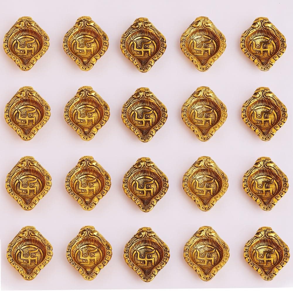 IndianShelf 20 Pieces Swastik Aarti Diyas for Puja Aluminium Gold Finish Oil Lamp Diwali Gifts Item Diva for Home Decoration