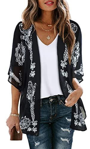 Summer Kimono Cardigan for Women Sheer Boho Tops Casual Open Front Swimwear Shirts Beach Cover ups (Caftan Black,XL)