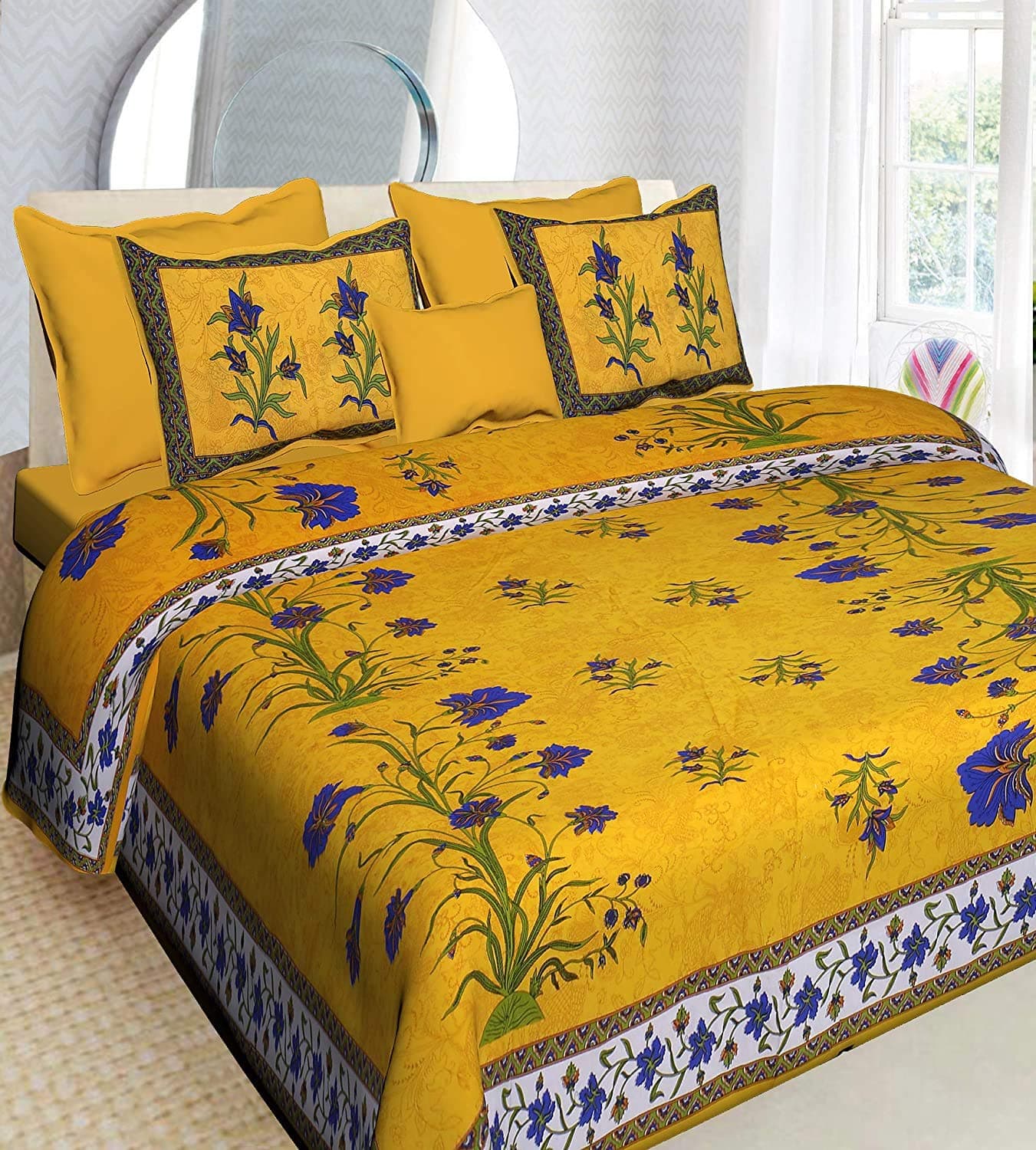 UNIBLISS 151 TC Cotton Floral Comfort Rajasthani Jaipuri Traditional Bedsheet with 2 Pillow Covers (Multicolour, Double)