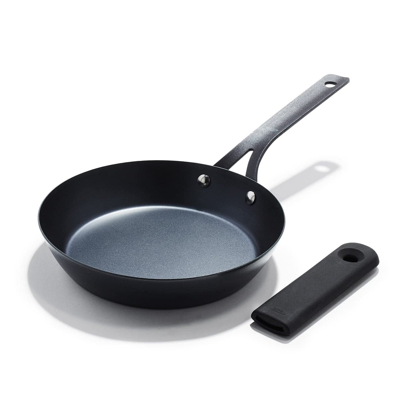OXO Obsidian Pre-Seasoned Carbon Steel, 8" Frying Pan Skillet with Removable Silicone Handle Holder, Induction, Oven Safe, 1.8 Liters, Black