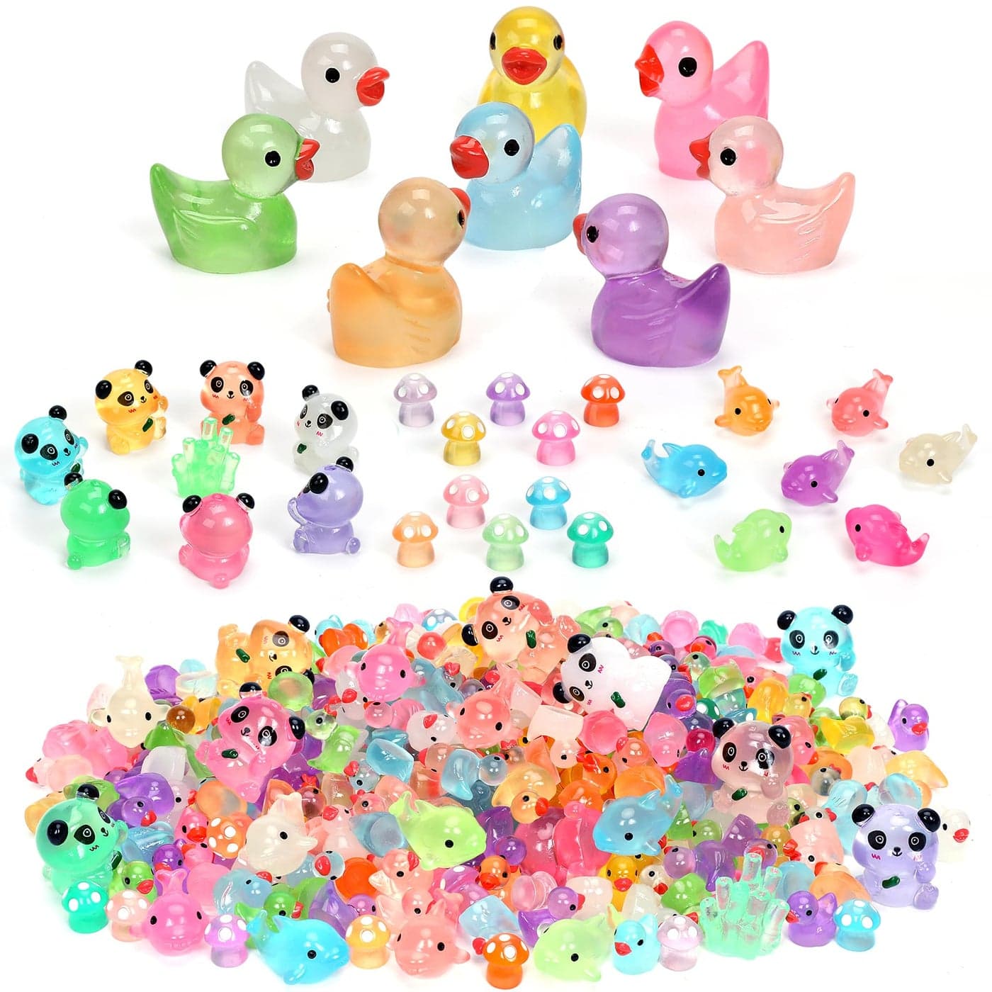 GOKUPOK Luminous Mini Resin Ducks Tiny Animals Glow in The Dark Duck Panda Dolphin Mushroom 4 Combination Sets for Garden Micro Landscape Aquarium Potted Dollhouse Decor 105PCS