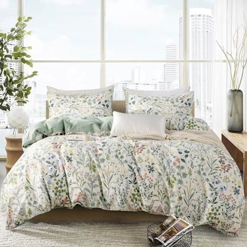 BUPIRD Queen Duvet Cover Set Floral 100% Soft Cotton 3 Pieces Flower Bedding Set for Girls Fresh Chic Garden Style Green Botanical Floral Pattern Printed Flower Queen Duvet Cover, with Zipper Closure