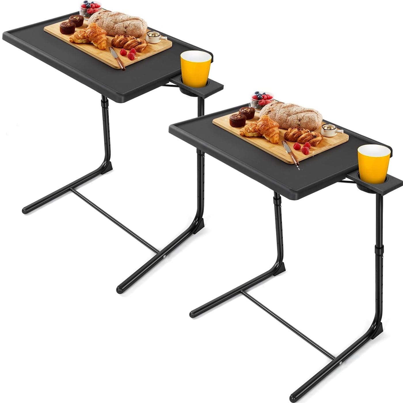 LORYERGO Multifunctional TV Tray Table 2 Packs Adjustable TV Dinner Tray Tables with 6 Height 3 Tilt Angle Folding TV Trays with Cup Holder for Bed Sofa for Eating Reading