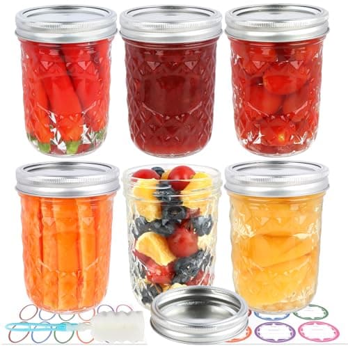 Wide Mouth Mason Jars 16 oz with Lids Diamond Pint Canning Jars with Silver Split Cover Brush Labels Glass Jar for Preserving Pickling Salad fermenting Jam Jelly Honey Yogurt Set of 6