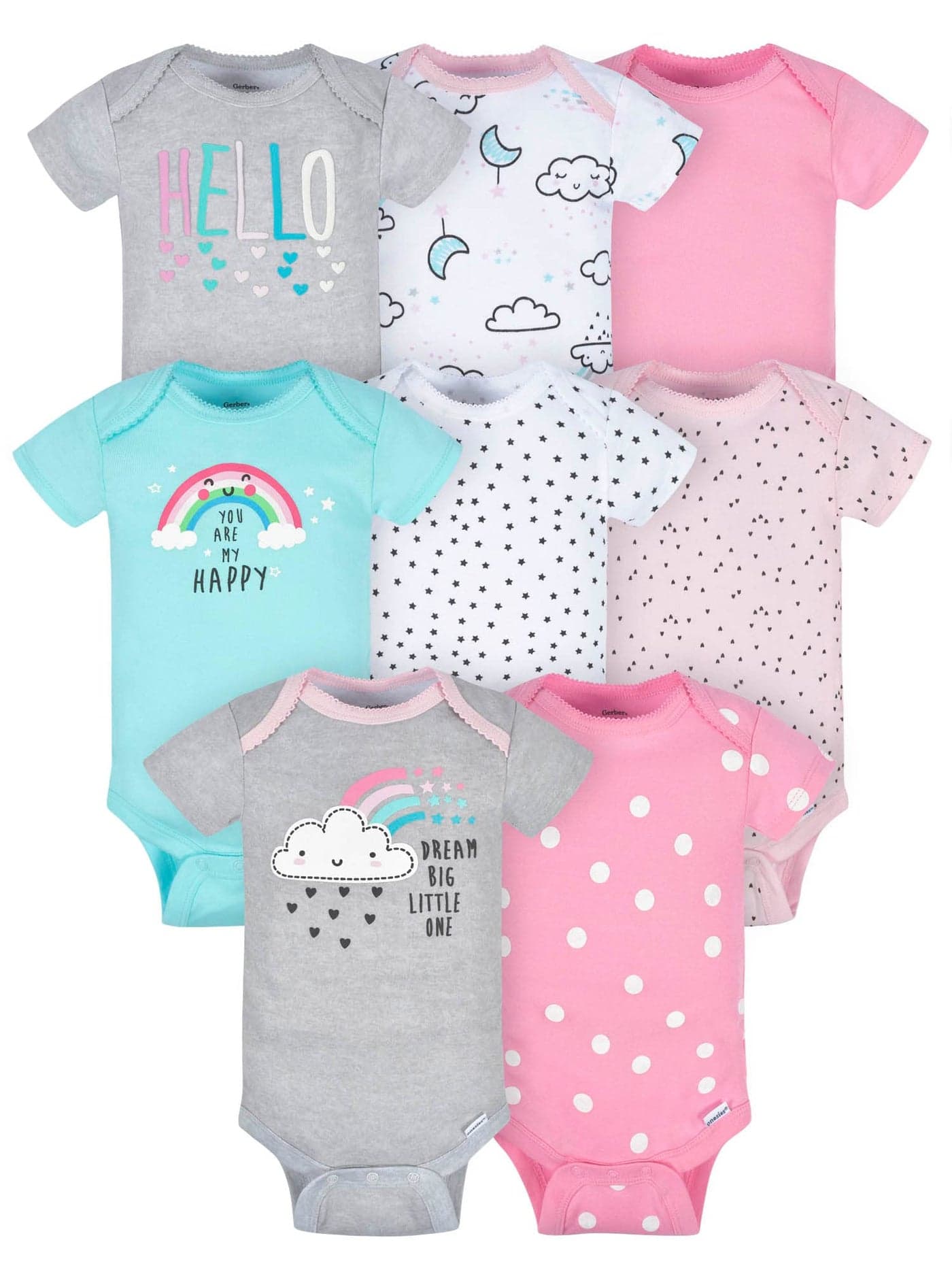 Gerber Baby 8-Pack Short Sleeve Onesies Bodysuits, Clouds, 12 Months