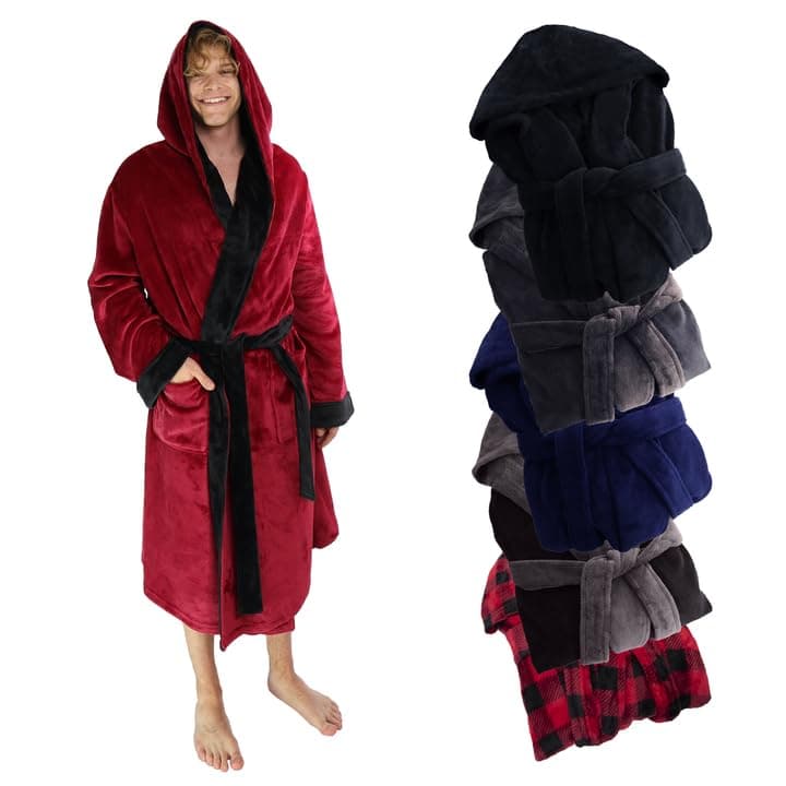 Ross Michaels Mens Robe Buffalo Plaid Hooded Robe MidLength Plush Fleece Bathrobe Burgundy Black SmallMedium