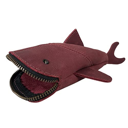 Hide & Drink, Full Grain Leather Zipper Coin Pouch, Change Bag, Pencil Purse, Scissors Case, Shark Shaped Cable Holder, Wallet, Makeup, Stuffed Animal, Handmade, Sangria