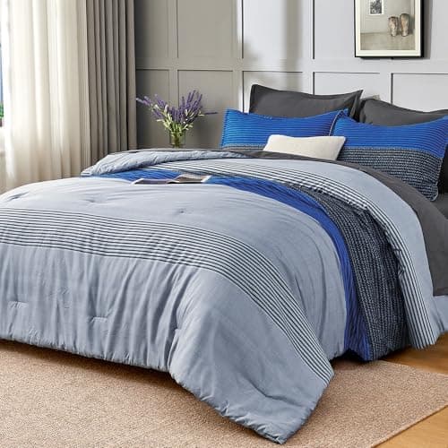 Andency King Size Comforter Set 7 Pieces - Blue Grey Striped Bed in a Bag, Soft Patchwork All Season Bedding Set with Comforter, Fitted & Flat Sheet, Pillowcases & Shams