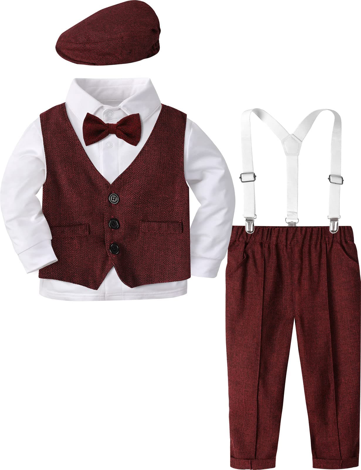 A&J DESIGN Toddler Valentine Day Suit Baby Boy Gentleman Outfit Wedding Formal Christmas Tuxedo with Berets Hat Red 3T