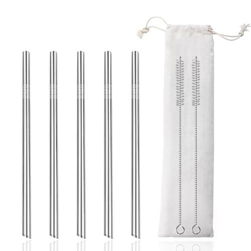Lazycorner 5 Pcs Stainless Steel Smoothie Straws, 0.4'' Extra Wide Reusable Metal Drinking Straws for Milkshake, Smoothie, Beverage, Set of 5 with 2 Cleaning Brush