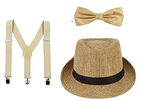CLOTHERA Beige Suspender and Bow Tie Set with jute matched Hat for Kids 1yrs to 4yrs
