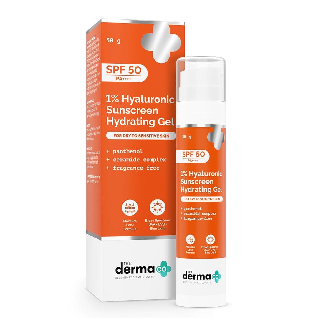 The Derma Co 1 Hyaluronic Sunscreen Hydrating Gel SPF 50 PA For Dry Sensitive Skin Lightweight Texture No White Cast UVAUVB Broad Spectrum Protection Blue Light Protection Non Comedogenic Clinically Tested In Vivo Tan Protection Photostable For Men Women 50 g