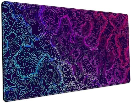Blue Purple Desk Pad Topographic Map Desk Mat XXL Large Extended Gaming Mouse Pad Computer Mat, Laptop Keyboard and Mouse Mat, Office Decor Non-Slip Mousepad with Stitched Edge, 31.5''x15.7''