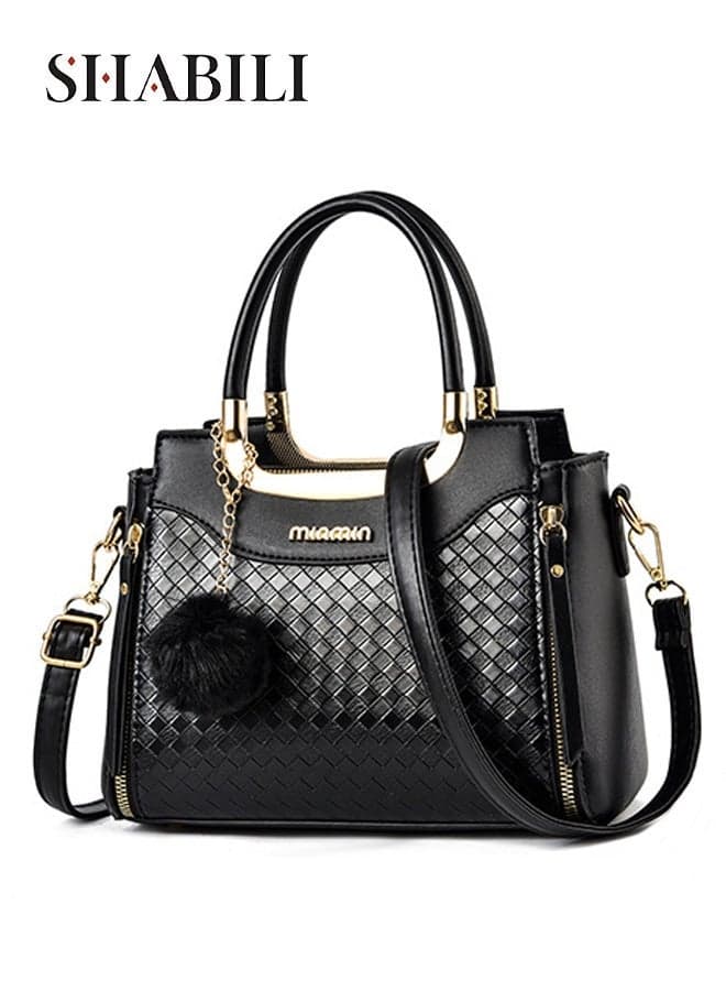 Women PU Shoulder Bag Crossbody Sling Satchel Tote Large-Capacity Multi-Pocket Stitching Weave Cross Bags, Ladies Teenager Youth Work Party Casual Travel Black Purse with Detachable Strap (Black)