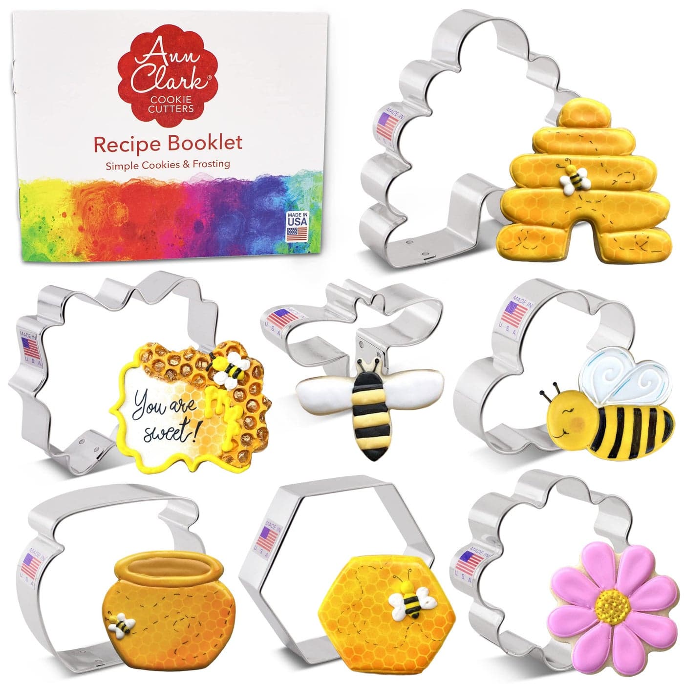 Bee Cookie Cutters 7Pc Set Made in the USA by Ann Clark Cute Bee Small Flower Honey Pot Beehive Honeycomb and more
