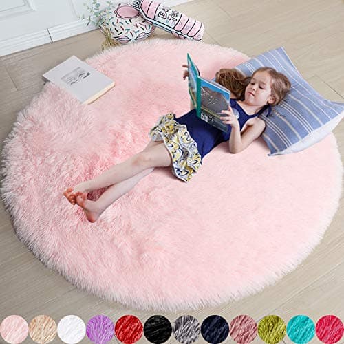 Pink Fluffy Round Rug 5Ft for Girls Bedroom Decor Aesthetic, Shaggy Circle Area Rugs for Kids Room Living Room, Cute Fuzzy Carpet for Nursery, Dorm, Classroom, Teen, Princess, Comfy Baby Playroom Rug