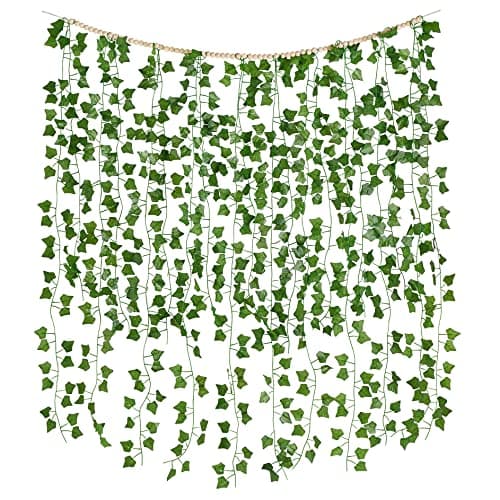 Mkono Hanging Fake Vines for Bedroom Wall Decor Artificial Plant Leaves with Wood Beads Set Indoor Greenery Ivy Garland for Living Room Apartment Christmas Wedding Party Teen Girl Room