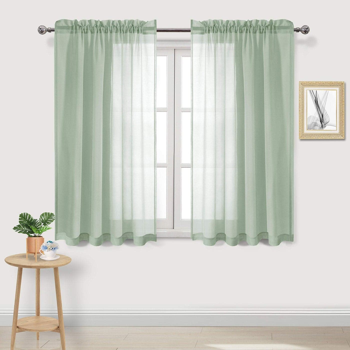 DWCN Bean Green Sheer Curtains Semi Transparent Voile Rod Pocket Curtains for Bedroom and Living Room 52 x 45 inches Long Set of 2 Panels