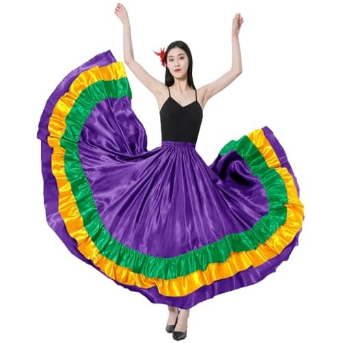 Ruffles Satin Long Belly Dance Skirt for Mardi Gras Carnival Party Prom Folklorico Costume