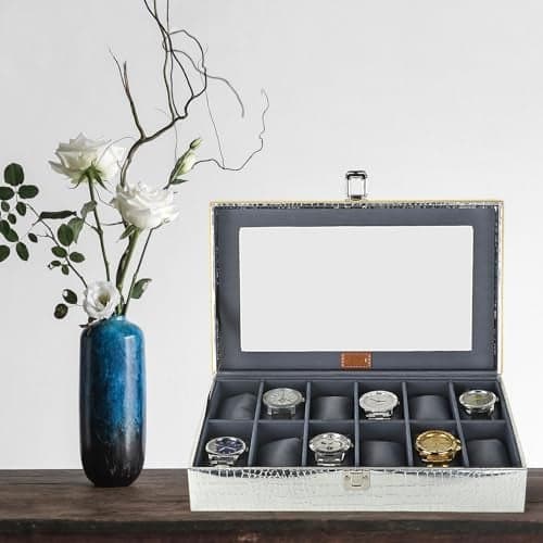 LEDO Present Watch Box Case Organizer in 12 slots of Watches with Glass Face Display in Silver Color