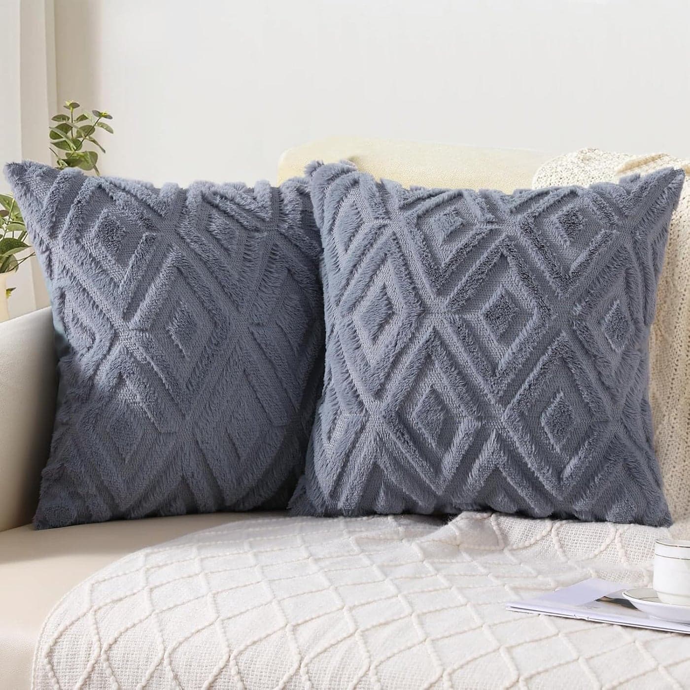 Pallene Soft Faux Fur Throw Pillow Covers 18x18 Set of 2 Plush Wool Decorative Couch Pillow Covers for Sofa Bed Living Room with 3D Diamond Pattern Blue Grey