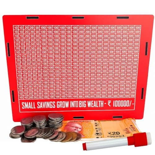 Whistle International Red Wooden Money Bank for Kids and Adults. Deposit Notes and Coins Upto Rupees One Lakh with Savings Denomination Grid Chart and Motivational Savings Quote. (Large Size RED)