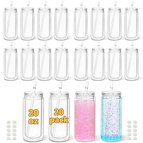 Maucircol 20 Oz Acrylic Snow Globe Tumbler, 20 Pack Pre-Drilled Double Wall Plastic Snowglobe Cup for Glitter Snow Globe Diy, with Clear Lid