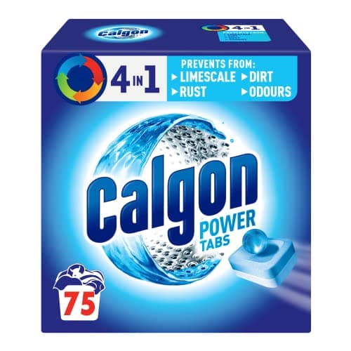 Calgon 4in1 Washing Machine Cleaner and Water Softener Tablets 75 Count Removes Limescale Residue Dirt Rust Malodours Deep Clean XL Pack Size