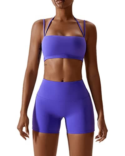 ABOCIW Workout Sets for Women Halter Bandeau Sport Bra Crop Tops High Waist Booty Shorts 2 Piece Gym Set Fitness Yoga Outfits Z-Purple Small