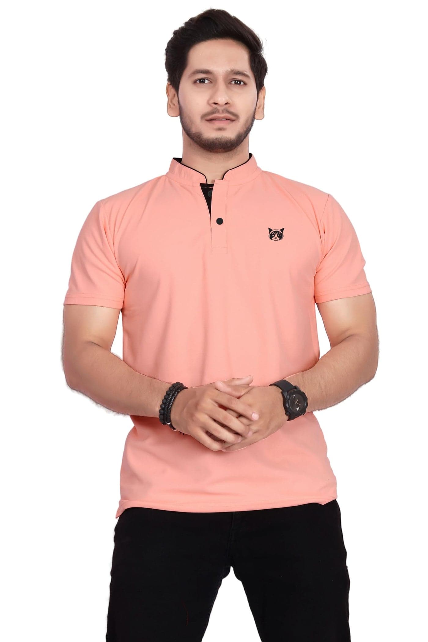 BAGHADBILLO Men's and Boy's Polyster T-Shirt with Mandarin Collared Neck Half Sleeves Closuer Button and Regular Fit | Polo t Shirt for man | PEACH-2XL