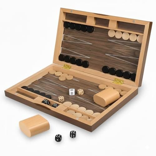 Plusvivo 13 Wooden Backgammon Set Premium Beech Wood Foldable Board Game for Adults and Kids Portable Strategy Game with 30 Magnetic Pieces and 2 Wooden Dice Shakers