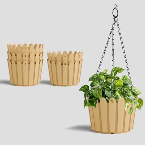 YUCCABE ITALIA SHERA Hanging Fence 8 INCH Planter Pot Plastic Flower Hanging Pots for Home Decoration Sutiable for Indoor and Outdoor (Beige, Pack of 6)